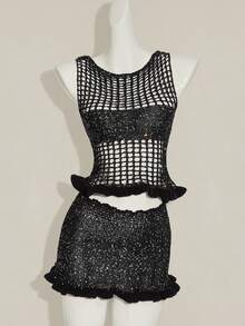 SHEIN ICON 2pcs Women's Chic Summer Black Party Night Sequin Hollow-Out Sleeveless Knit Top And Knitted Mini Skirt Set,Bling Club Sparkly Crochet Mesh 2 Pieces - Black - View 4
