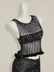 SHEIN ICON 2pcs Women's Chic Summer Black Party Night Sequin Hollow-Out Sleeveless Knit Top And Knitted Mini Skirt Set,Bling Club Sparkly Crochet Mesh 2 Pieces - Black - View 9
