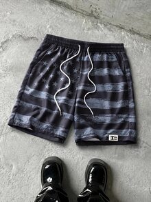 GETOML 男士夏季休閒度假風美國國旗印花抽繩腰斜口袋短褲 - 黑色 - 查看 3