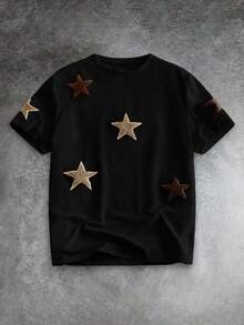 GETOML 男士街頭風星星印花刺繡T恤，城市度假街頭風熱門穿搭短袖，戶外音樂節禮物，足球 - 黑色 - 查看 3