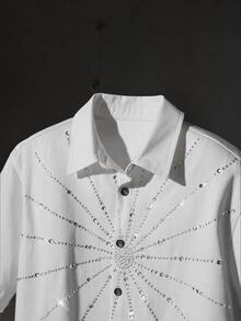 GETOML Men's Rhinestone Printed Denim Shirt - White - View 5