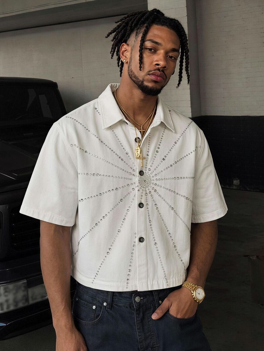 GETOML Men's Rhinestone Printed Denim Shirt - White - View 1