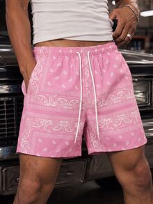 GETOML Men's Summer Beach Vacation Paisley Print Drawstring Waist Shorts, Father's Day Gifts, Football - Pink - View 1