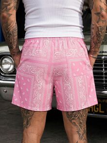 GETOML Men's Summer Beach Vacation Paisley Print Drawstring Waist Shorts, Father's Day Gifts, Football - Pink - View 2