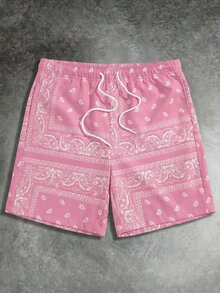 GETOML Men's Summer Beach Vacation Paisley Print Drawstring Waist Shorts, Father's Day Gifts, Football - Pink - View 3