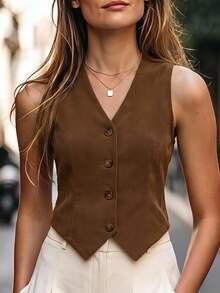 SHEIN LUNE Solid Button Front Vest Blazer Corduroy In Fall/Winter,Casual - Brown - View 1