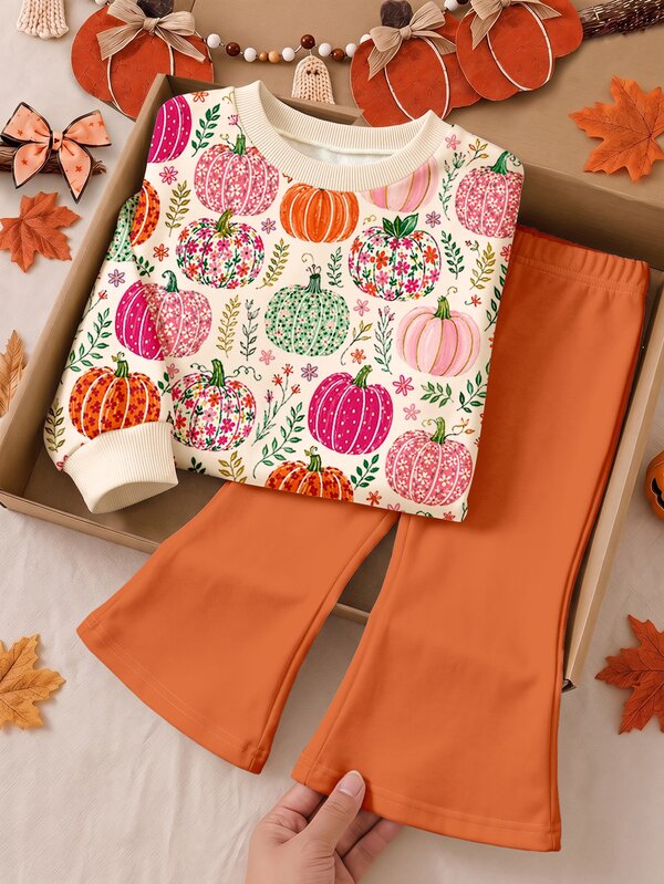 Pumpkin Apricot Orange, Cute Pastoral Country Colorful Pumpkin Floral Illustration Print, Baby Girl Casual Minimalist Crew Neck Pullover Sweatshirt & Vintage Elastic Flare Pants 2 Pieces Set, New Style Suitable For Daily, Farm, Halloween, Pumpkin Season, Thanksgiving, Autumn Atmosphere, Pumpkin Patch Outing, American Vintage Pastoral Style, Relaxed Fashion