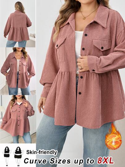 SHEIN CURVE+ Camisa-chaqueta rosa con decoración de bolsillos para mujer talla grande, cárdigan con volantes y botones delanteros, otoño, invierno 2026 22W otoño