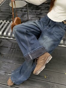 DAZY Solid Seam Front Washed Wide Leg Jeans Without Belt - Medium Wash - View 5