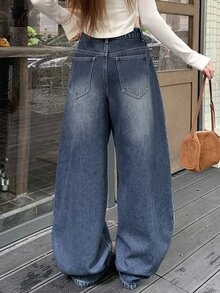DAZY Solid Seam Front Washed Wide Leg Jeans Without Belt - Medium Wash - View 9