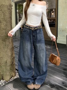 DAZY Solid Seam Front Washed Wide Leg Jeans Without Belt - Medium Wash - View 11