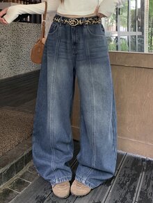 DAZY Solid Seam Front Washed Wide Leg Jeans Without Belt - Medium Wash - View 6