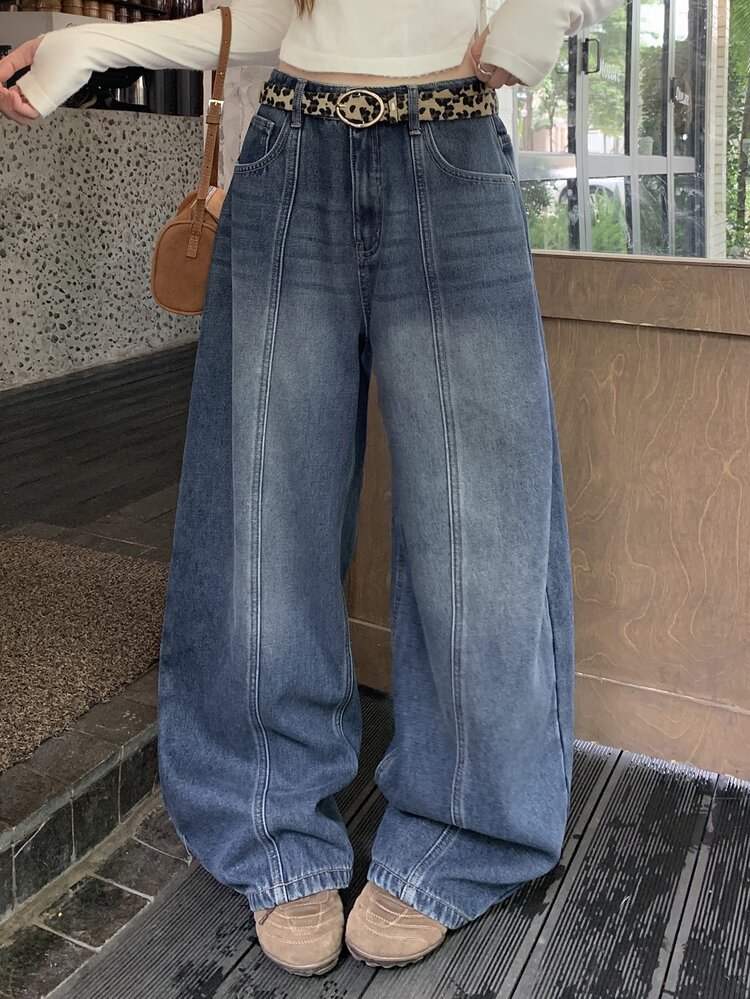 DAZY Solid Seam Front Washed Wide Leg Jeans Without Belt - Medium Wash - View 6