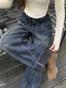 DAZY Solid Seam Front Washed Wide Leg Jeans Without Belt - Medium Wash - View 3