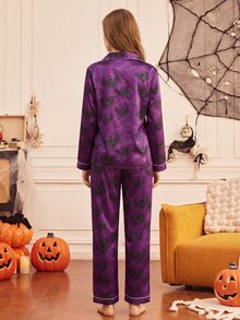 Provexi Provexi Women's Purple Satin Bat Print Lapel Long Sleeve Pants Pajama Set, Halloween Casual Loungewear 2 Pieces Set - Multicolor - View 3