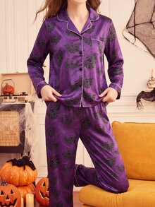 Provexi Provexi Women's Purple Satin Bat Print Lapel Long Sleeve Pants Pajama Set, Halloween Casual Loungewear 2 Pieces Set - Multicolor - View 4