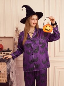Provexi Provexi Women's Purple Satin Bat Print Lapel Long Sleeve Pants Pajama Set, Halloween Casual Loungewear 2 Pieces Set - Multicolor - View 5