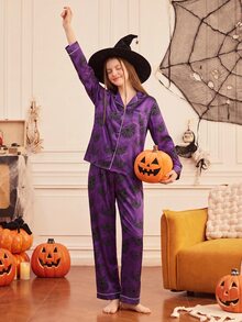 Provexi Provexi Women's Purple Satin Bat Print Lapel Long Sleeve Pants Pajama Set, Halloween Casual Loungewear 2 Pieces Set - Multicolor - View 7