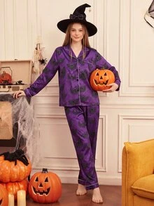 Provexi Provexi Women's Purple Satin Bat Print Lapel Long Sleeve Pants Pajama Set, Halloween Casual Loungewear 2 Pieces Set - Multicolor - View 2