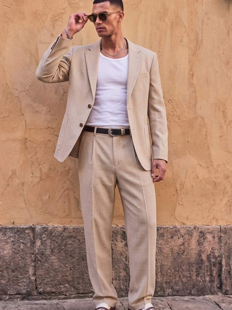 Ocevento Men's Solid Color Lapel NeckJacket And Pants Casual Suit Set - Apricot - View 1