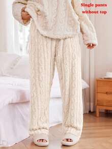 SHEIN 加大码女式松紧腰提花羊毛睡衣舒适裤蓬松睡衣舒适裤睡衣舒适裤女士冬季毛绒睡衣 - 杏色 - 查看 6