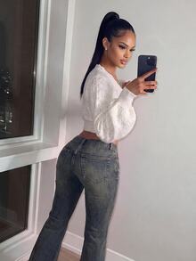 Amplova Women's Solid Color Hollow Knit Cropped Sweater - White - View 2