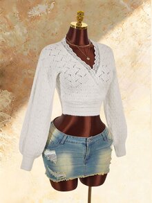 Amplova Women's Solid Color Hollow Knit Cropped Sweater - White - View 10