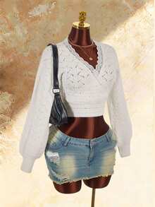 Amplova Women's Solid Color Hollow Knit Cropped Sweater - White - View 7