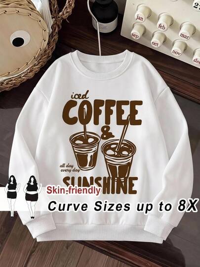 SHEIN CURVE+ Sweatshirt Leher Bulat Motif Cetak Kasual Minimalis Ukuran Plus 22W, Cocok untuk Musim Gugur/Dingin