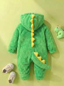 SHEIN Newborn Baby Girl Autumn/Winter Cute Fluffy Colorblock Dinosaur Green Hooded Romper Costume - Green - View 2