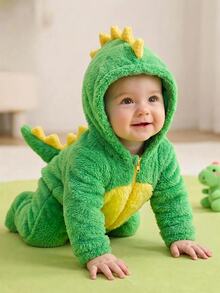 SHEIN Newborn Baby Girl Autumn/Winter Cute Fluffy Colorblock Dinosaur Green Hooded Romper Costume - Green - View 6