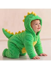 SHEIN Newborn Baby Girl Autumn/Winter Cute Fluffy Colorblock Dinosaur Green Hooded Romper Costume - Green - View 5