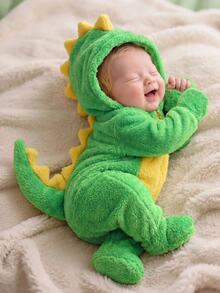 SHEIN Newborn Baby Girl Autumn/Winter Cute Fluffy Colorblock Dinosaur Green Hooded Romper Costume - Green - View 4