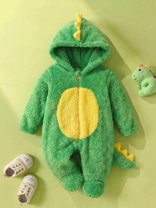 SHEIN Newborn Baby Girl Autumn/Winter Cute Fluffy Colorblock Dinosaur Green Hooded Romper Costume - Green - View 3