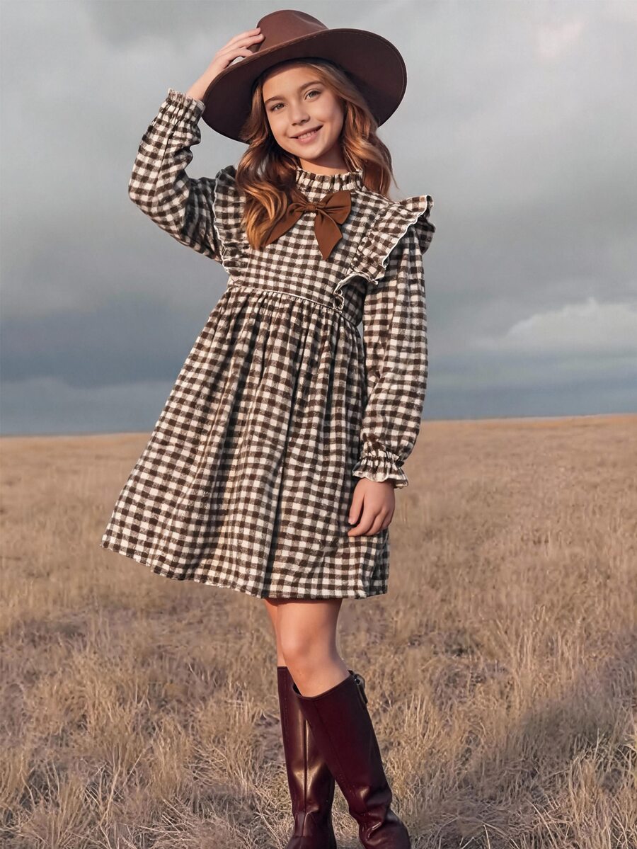SHEIN Tween Girls Autumn Brown Plaid Dress With Peter Pan Collar And Ruffle Trim, Cute Sweet Casual Holiday School Style - Khaki - View 1