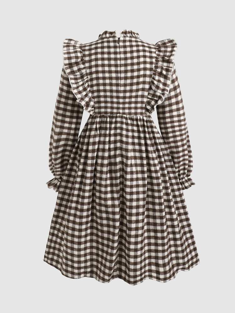 SHEIN Tween Girls Autumn Brown Plaid Dress With Peter Pan Collar And Ruffle Trim, Cute Sweet Casual Holiday School Style - Khaki - View 3