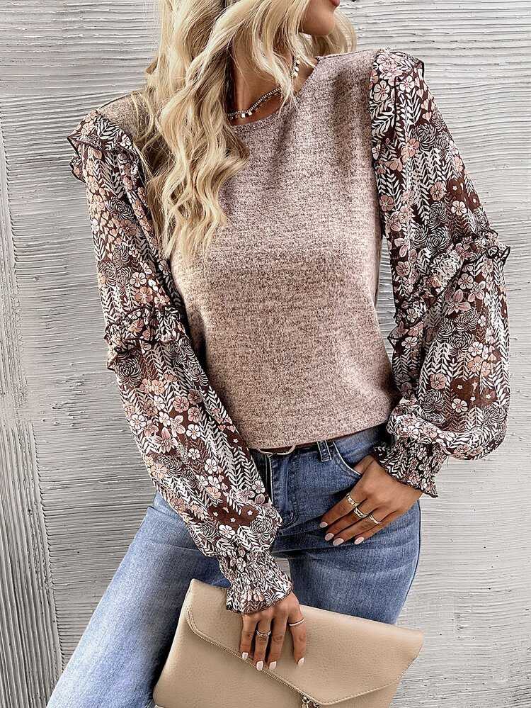 EMERY ROSE Women's Round Neck Lantern Sleeve Ruffle Hem Fashionable Loose Casual Top - Coffee Brown - View 8