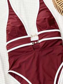 Swim Chiccia Spring Break Swimwear Women's Solid Deep V Neck Backless One-Piece Swimsuit, Boho Festival For Summer Beach Vacation - Burgundy - View 4