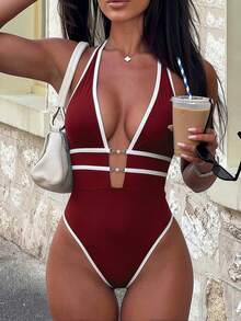Swim Chiccia Spring Break Swimwear Women's Solid Deep V Neck Backless One-Piece Swimsuit, Boho Festival For Summer Beach Vacation - Burgundy - View 1