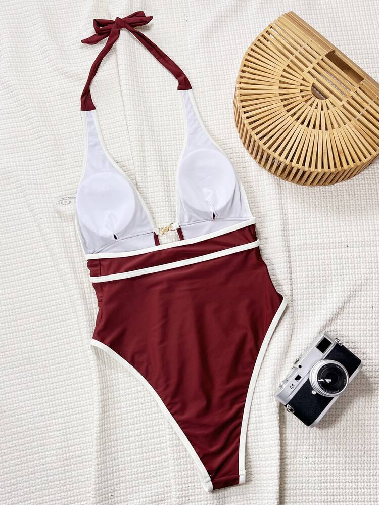 Swim Chiccia Spring Break Swimwear Women's Solid Deep V Neck Backless One-Piece Swimsuit, Boho Festival For Summer Beach Vacation - Burgundy - View 2