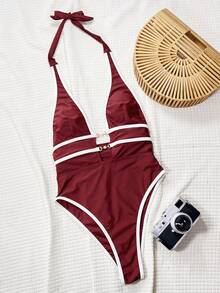 Swim Chiccia Spring Break Swimwear Women's Solid Deep V Neck Backless One-Piece Swimsuit, Boho Festival For Summer Beach Vacation - Burgundy - View 3