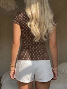 CovetEZ Casual Minimalist Style Brown Background White Polka Dot All-Over Print Women's Casual T-Shirt Suitable For Spring Summer Autumn Versatile Style - Multicolor - View 2