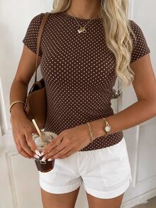 CovetEZ Casual Minimalist Style Brown Background White Polka Dot All-Over Print Women's Casual T-Shirt Suitable For Spring Summer Autumn Versatile Style - Multicolor - View 4