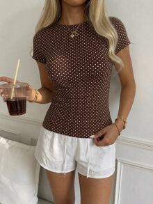 CovetEZ Casual Minimalist Style Brown Background White Polka Dot All-Over Print Women's Casual T-Shirt Suitable For Spring Summer Autumn Versatile Style - Multicolor - View 5