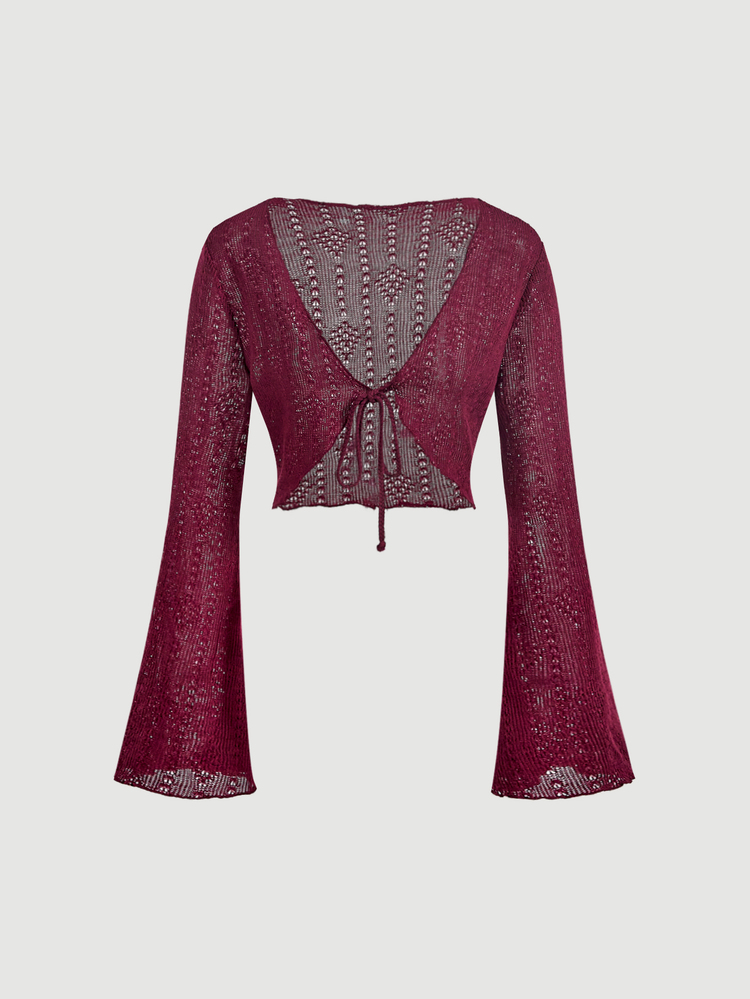 SHEIN MOD Burgundy Bell Sleeve Bow Top Brunch Vacation Summer Boho - Burgundy - View 7