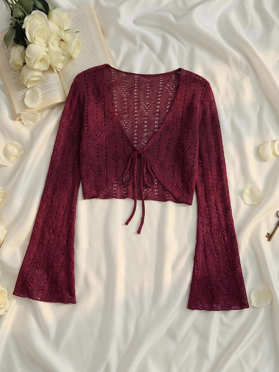 SHEIN MOD ملابس علوية علوية بفيونكة وأكمام جرس باللون البرغندي، مناسبة للبرانش والعطلات والصيف، بأسلوب بوهيمي - عنابي اللون - مشاهدة 1