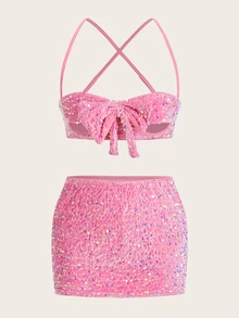 SHEIN ICON Bowknot Decorated Padded Hollow Out Pink Cami Top And Ultra-Low Waist Pink Mini Skirt Two Piece Set - Pink - View 2