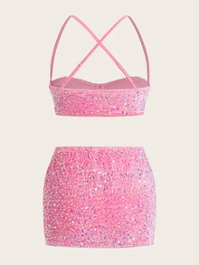 SHEIN ICON Bowknot Decorated Padded Hollow Out Pink Cami Top And Ultra-Low Waist Pink Mini Skirt Two Piece Set - Pink - View 8