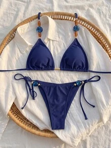 Swim Chiccia Women's Summer Beach Solid Color Halter Tie Sexy Bikini And Triangle Bottom Two-Piece Swimwear Set - Royal Blue - View 6
