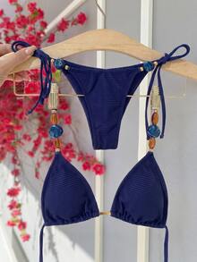 Swim Chiccia Women's Summer Beach Solid Color Halter Tie Sexy Bikini And Triangle Bottom Two-Piece Swimwear Set - Royal Blue - View 4